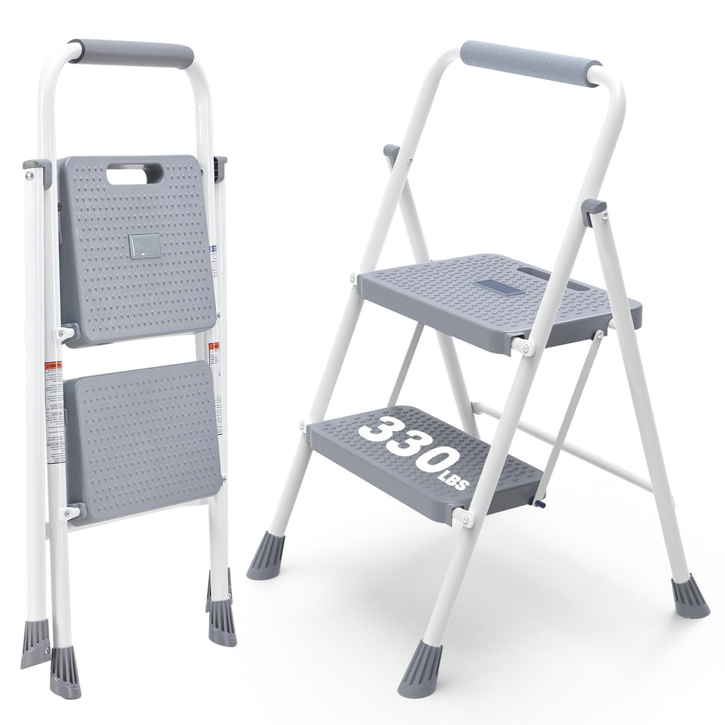2 Step Ladder with Anti-Slip Pedal and Handrail, 330lbs Grey Z748957