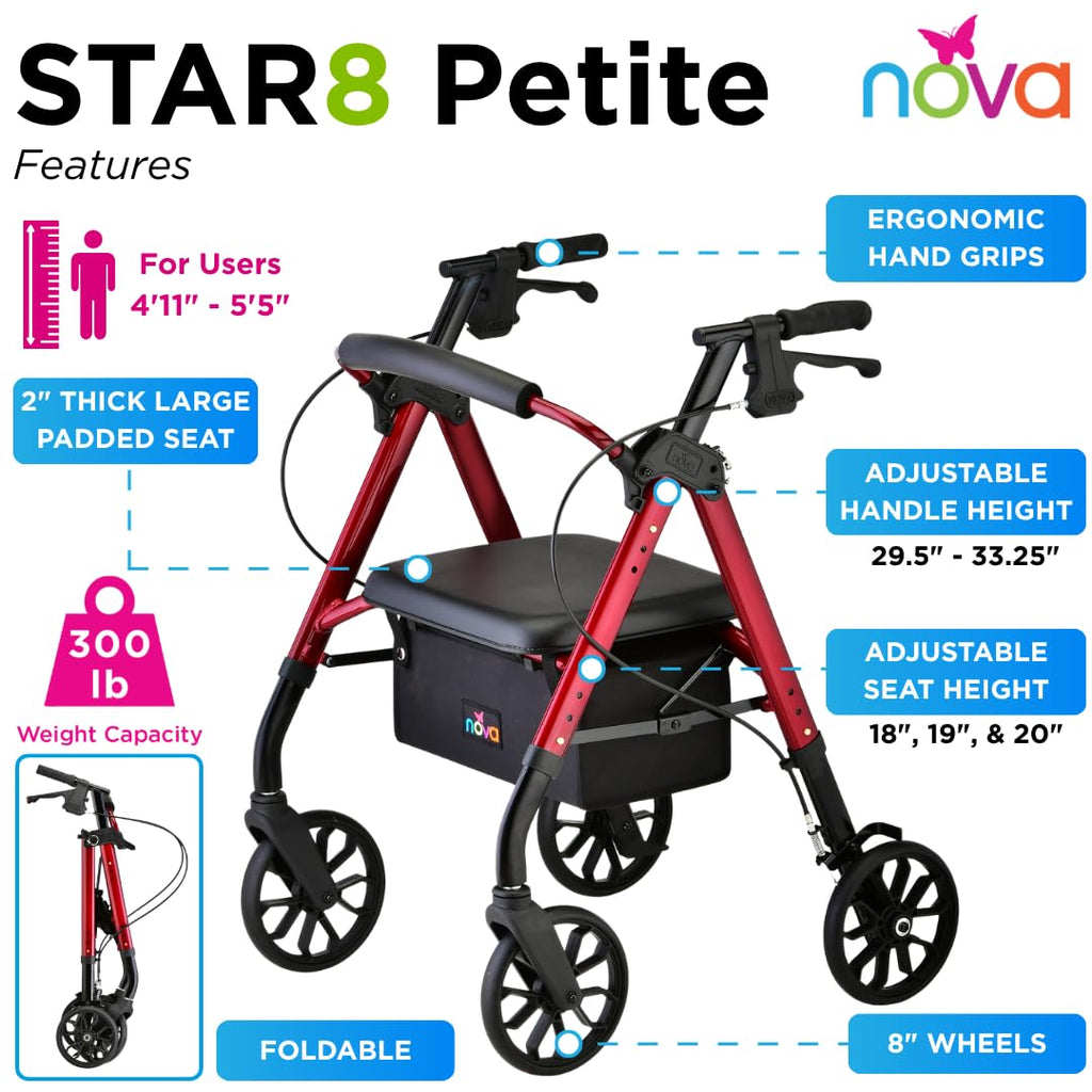 Red 8" Wheel Rollator Walker with Padded Seat M1574