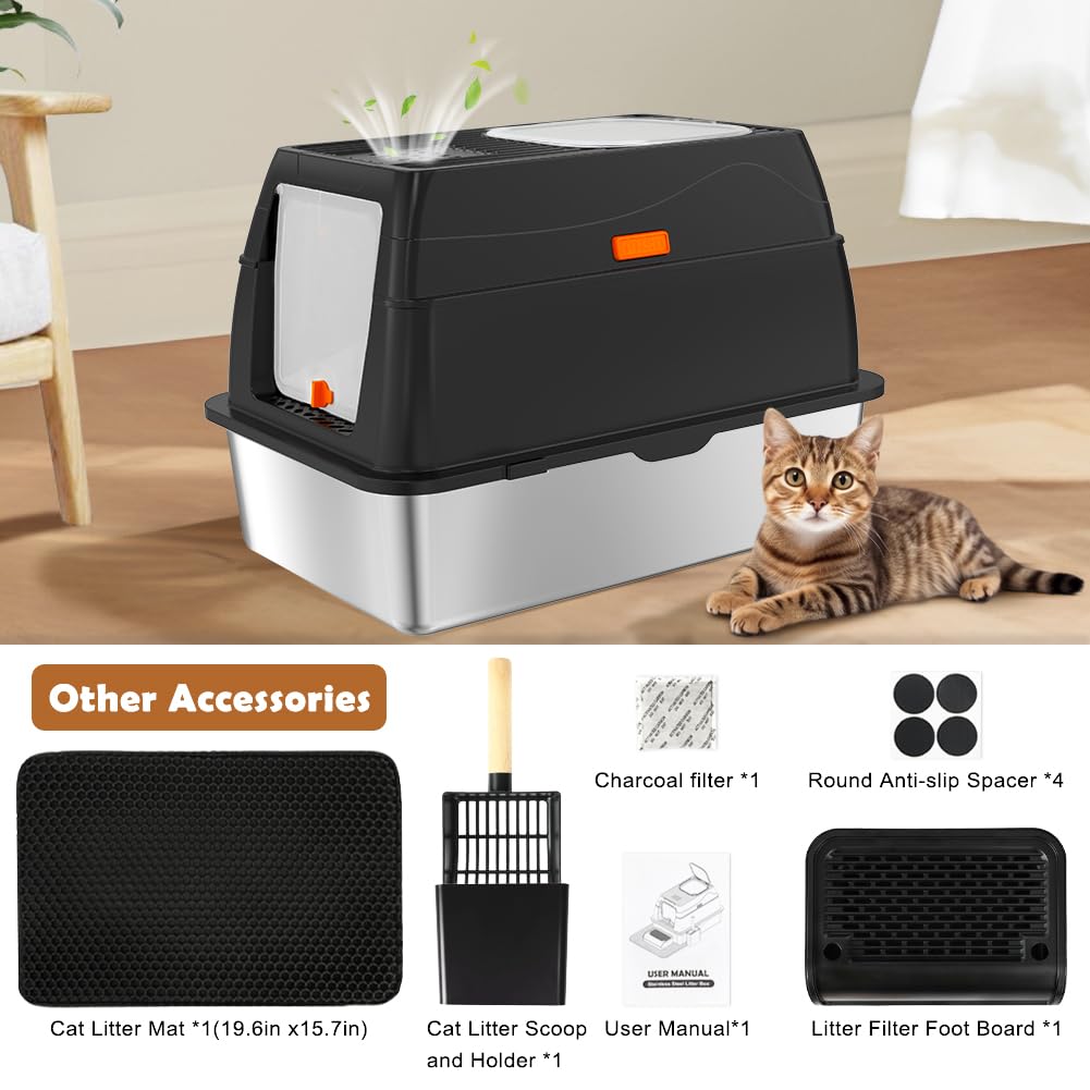 XL Stainless Steel Cat Litter Box with Lid Y715