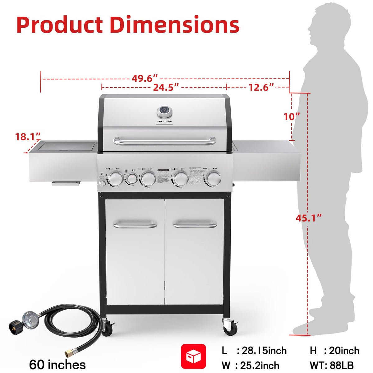 4 Burner Gas Grill with Side Burner and Wheels T884768