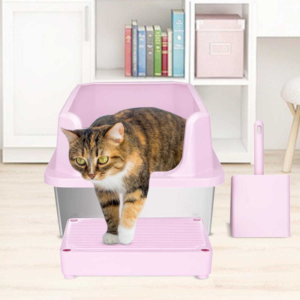 Open Cat Litter Box Stainless Steel High Walls with Scoop Q58363