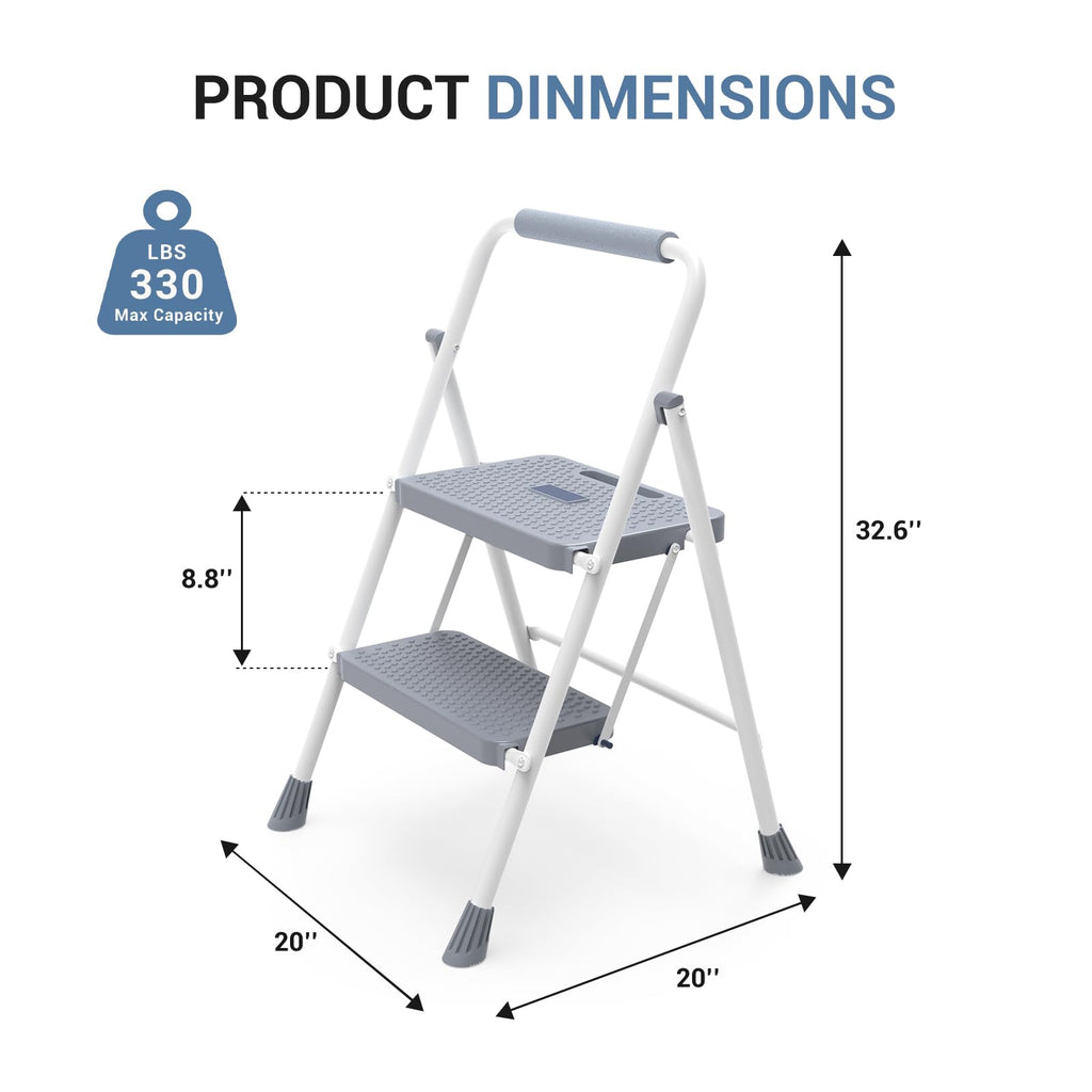 2 Step Ladder with Anti-Slip Pedal and Handrail, 330lbs Grey Z748957