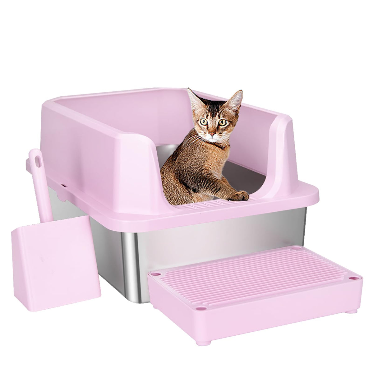 Open Cat Litter Box Stainless Steel High Walls with Scoop Q58363