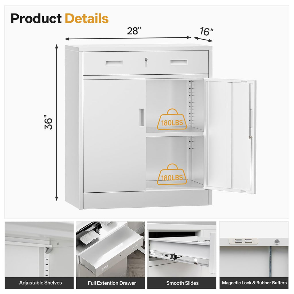 White Steel Lockable Storage Cabinet with Drawer and Adjustable Shelves Z163