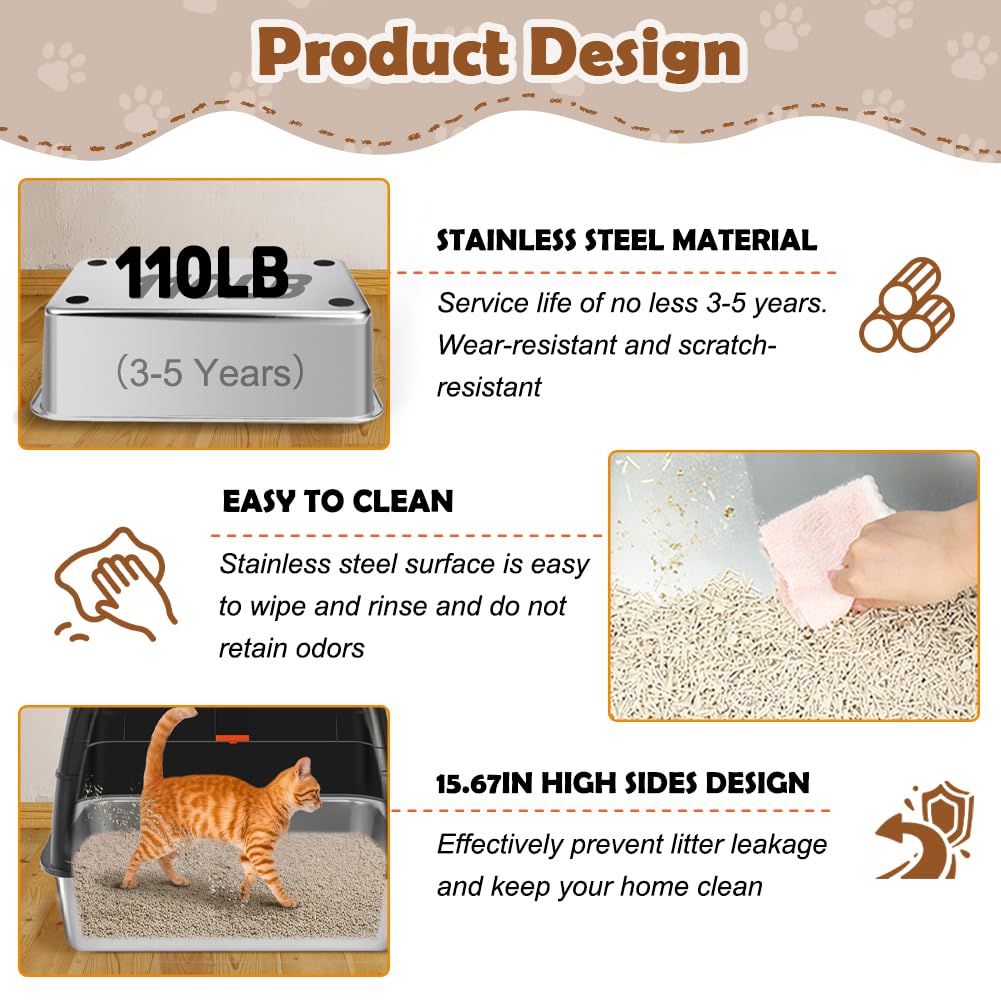 XL Stainless Steel Cat Litter Box with Lid Y715
