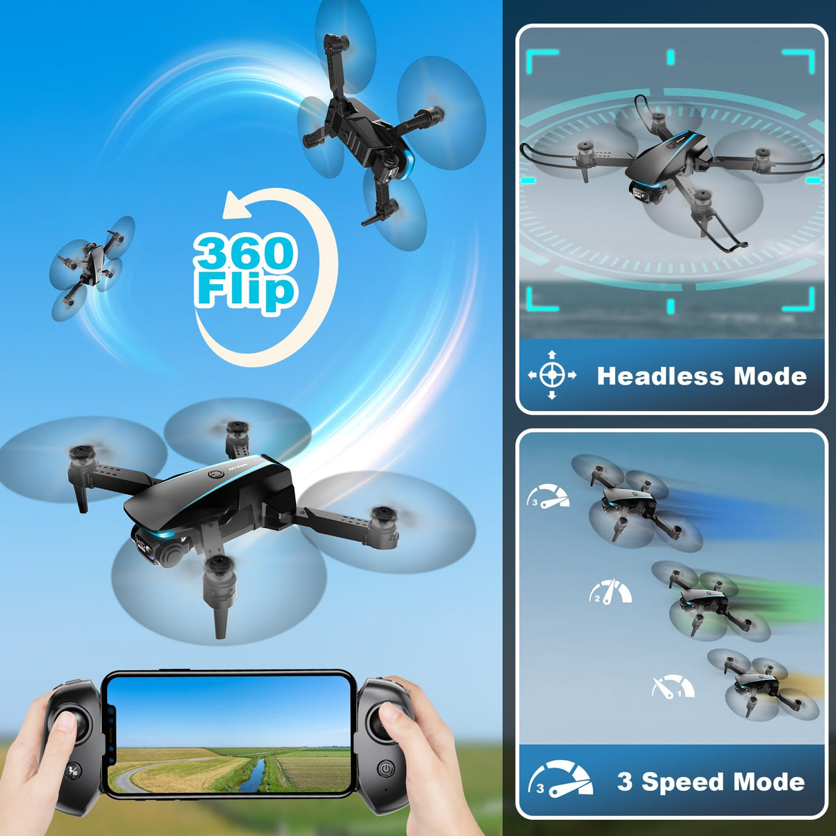 1080P HD Foldable Drone with Camera, 2 Batteries, Carrying Case T738630