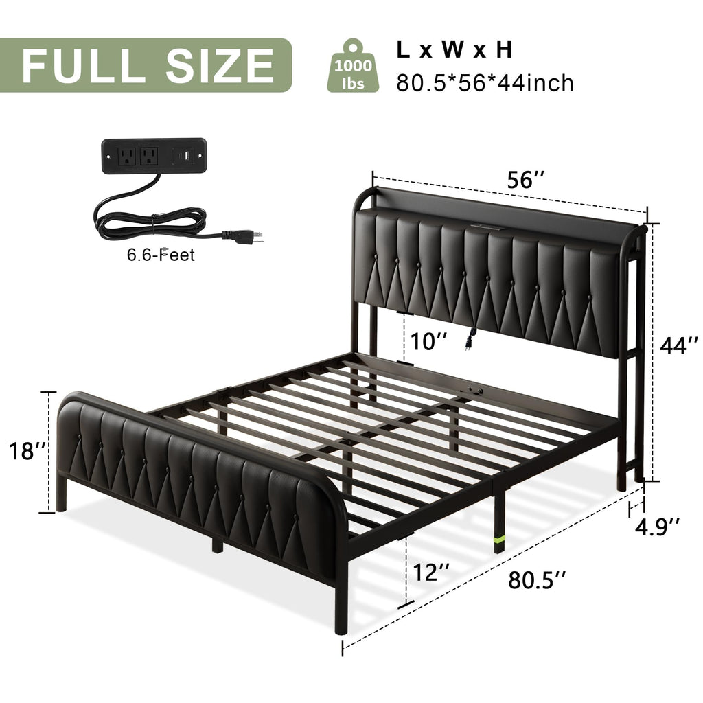 Black Leather Full Size Bed Frame with Charging Station S77685