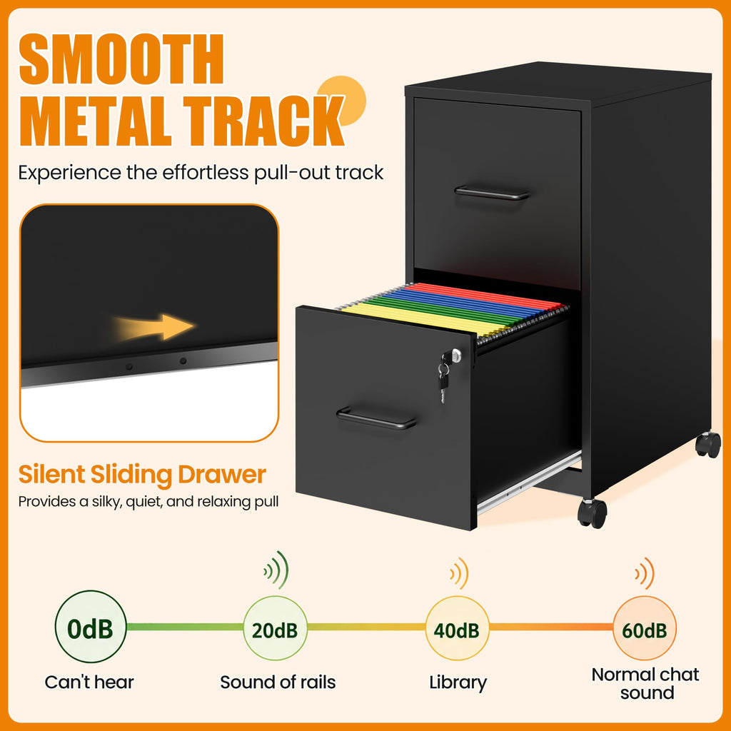 Black 2 Drawer Metal File Cabinet with Wheels and Lock C6947