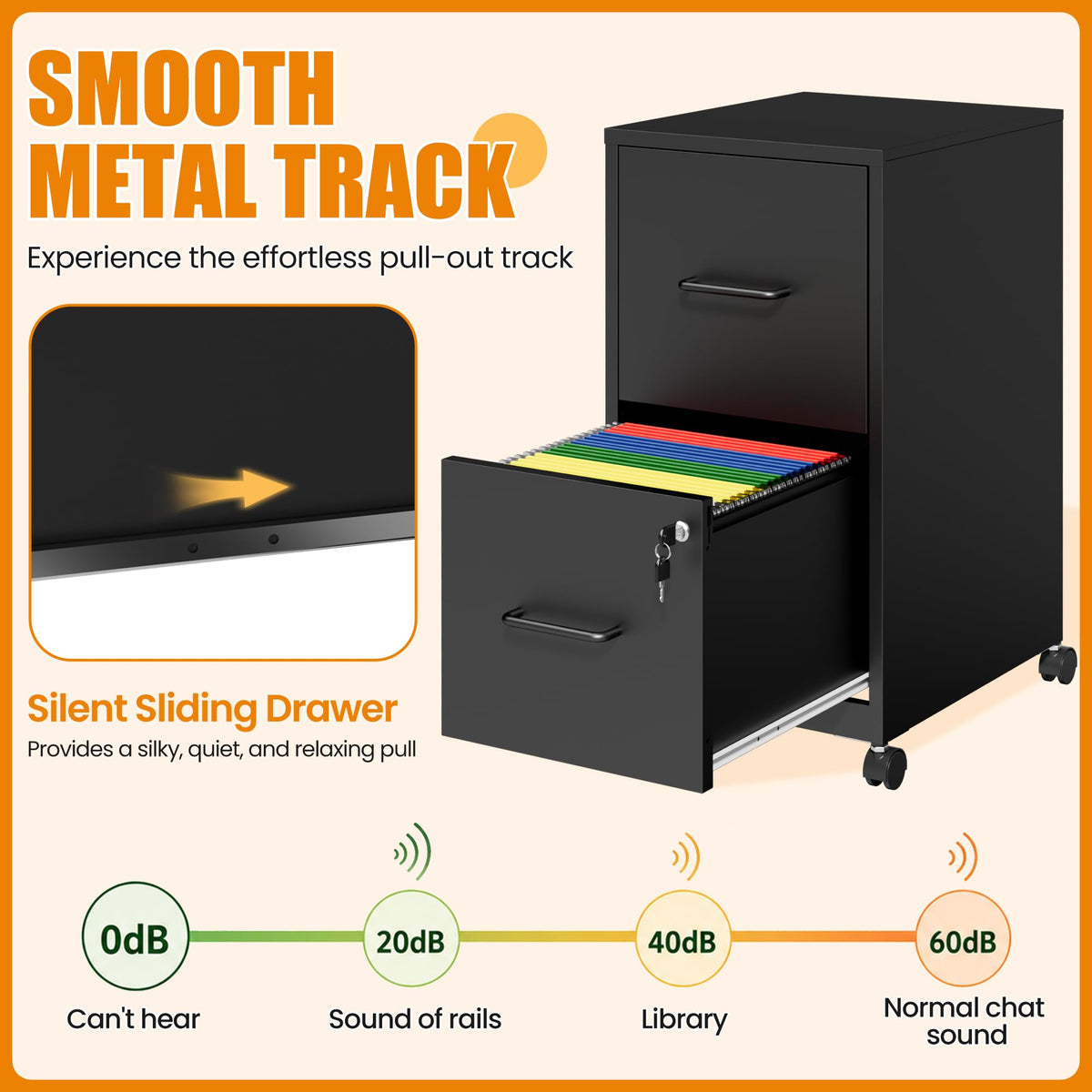 Black 2 Drawer Metal File Cabinet with Wheels and Lock C6947