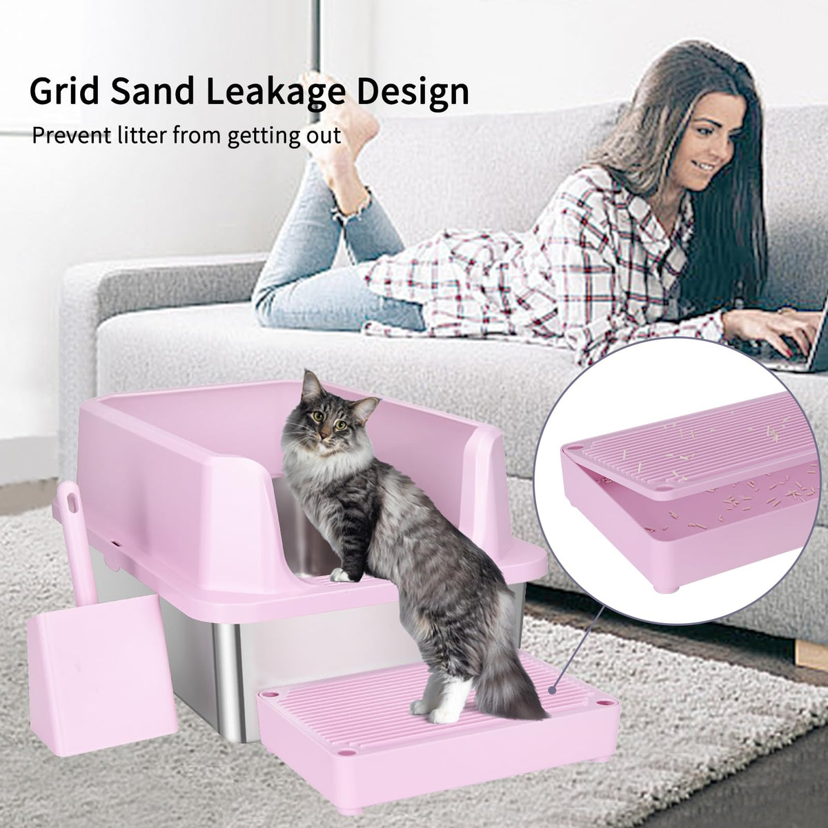 Open Cat Litter Box Stainless Steel High Walls with Scoop Q58363