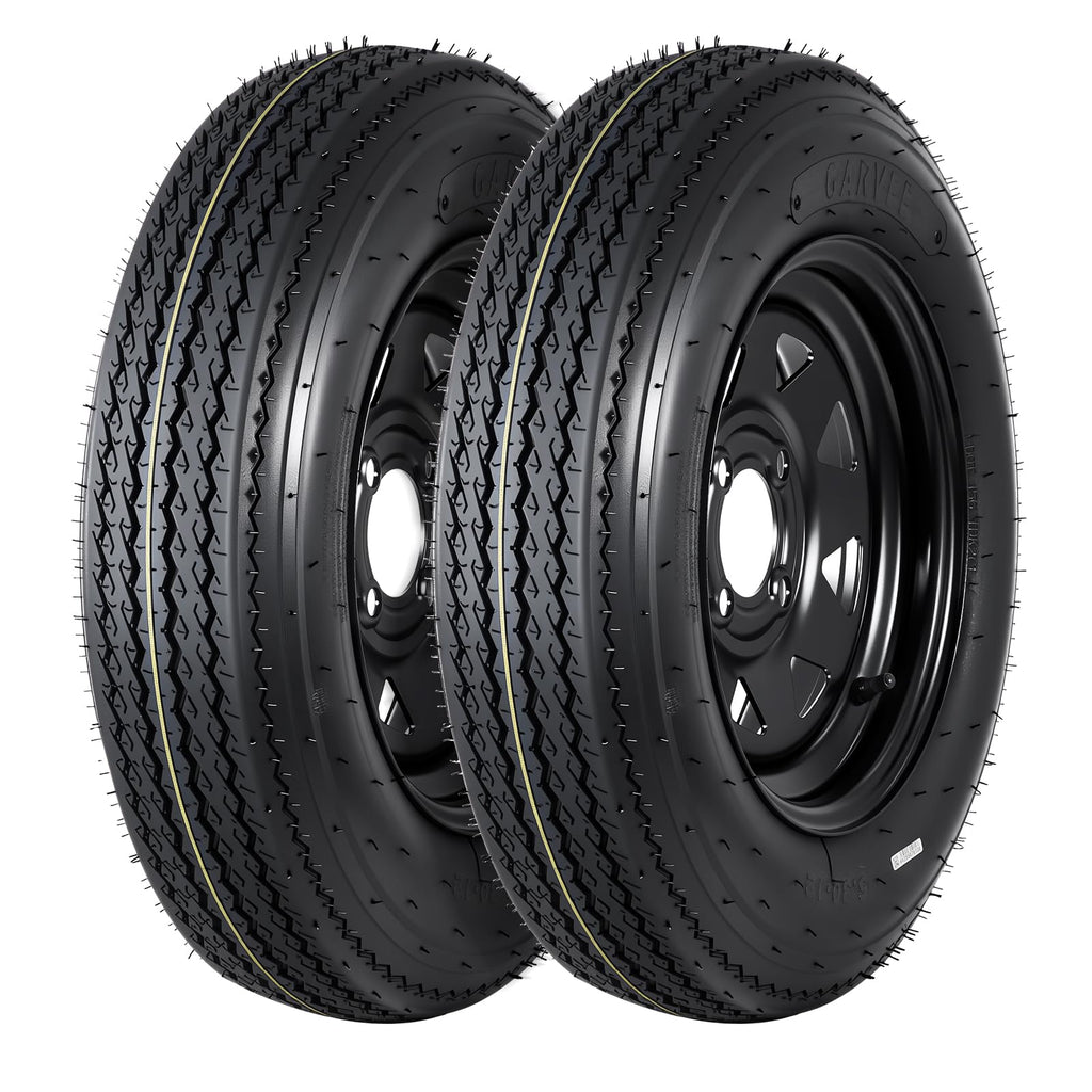 Set of 2 5.30-12 Trailer Tires with 12" Black Rims, 4 Lug on 4" Bolt Pattern, Load Range C 6PR B829