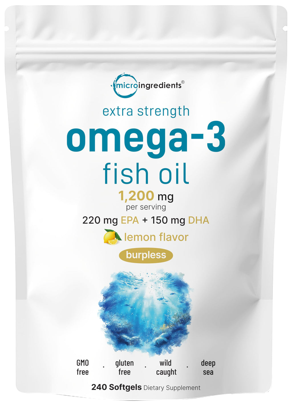 Omega 3 Fish Oil 1,200mg 240 Softgels Lemon Flavored Burpless EPA DHA C934