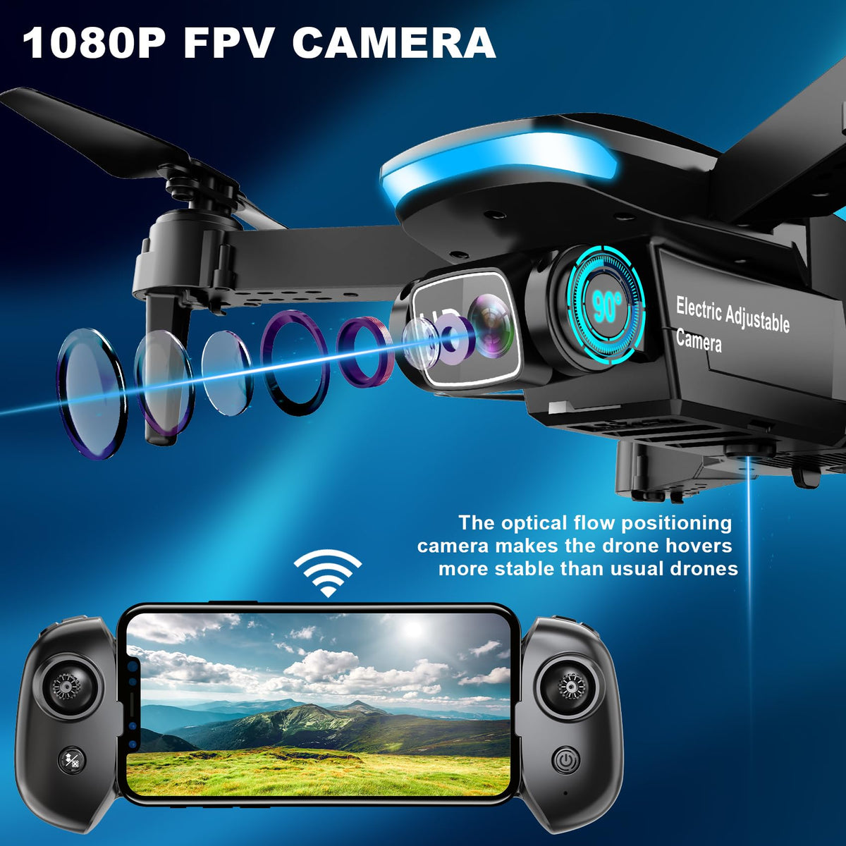 1080P HD Foldable Drone with Camera, 2 Batteries, Carrying Case T738630