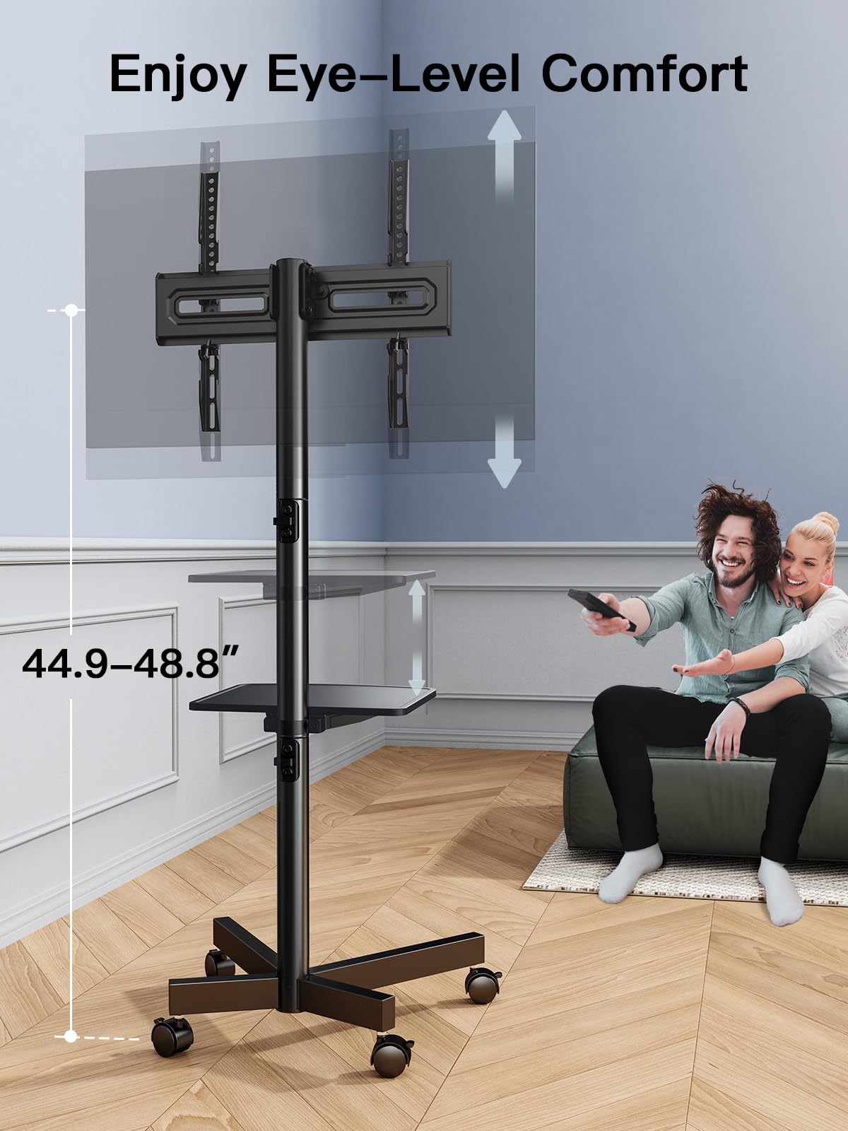 Rolling TV Stand on Wheels for 23-65 Inch TVs, Tilt Mobile TV Cart Holds up to 99 lbs with Adjustable Height Shelf E103