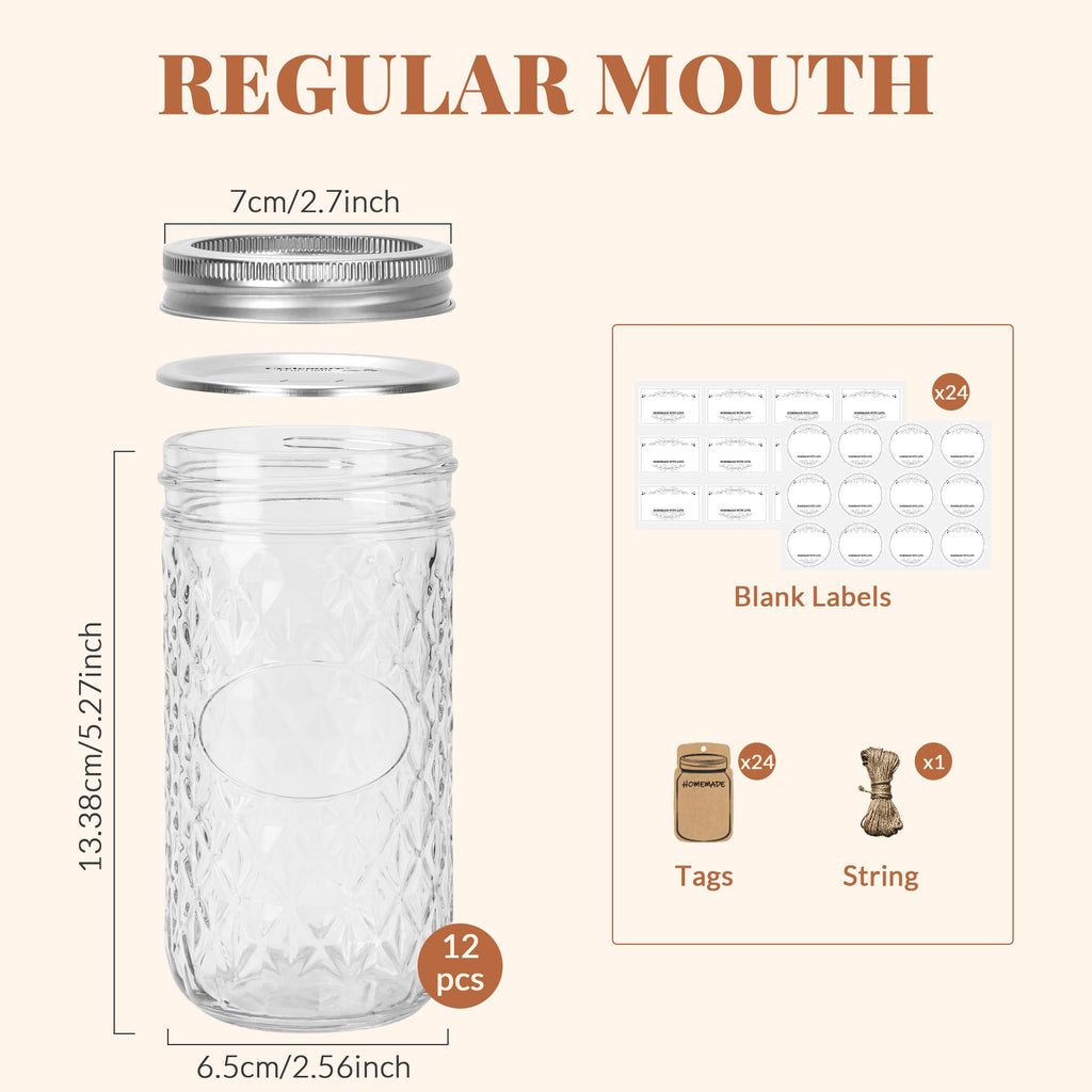 12 Pack 12oz Regular Mouth Glass Jars With Lids V9366
