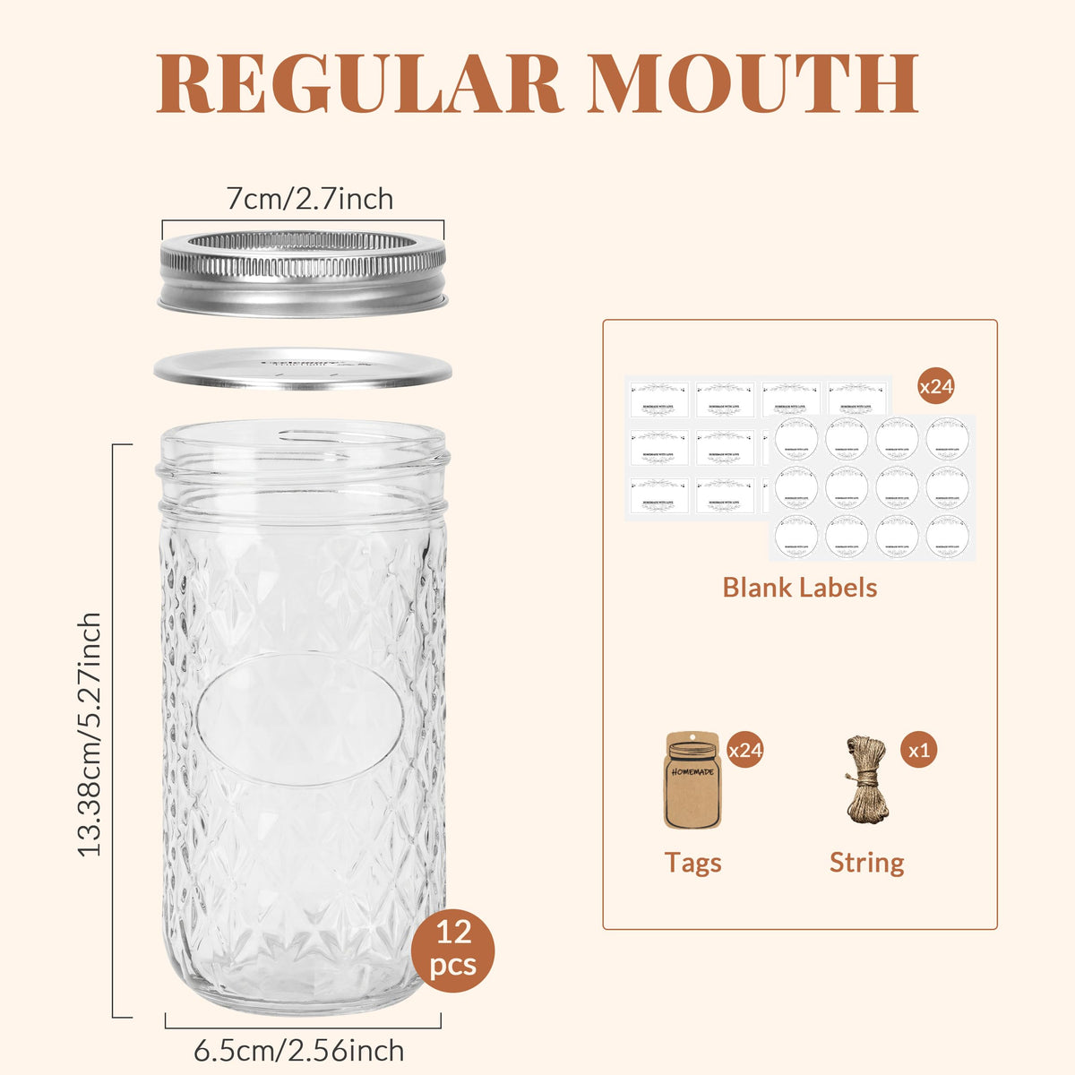 12 Pack 12oz Regular Mouth Glass Jars With Lids V9366
