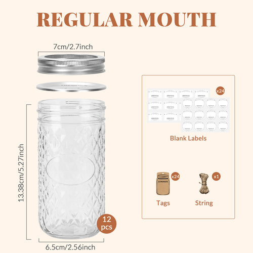 12 Pack 12oz Regular Mouth Glass Jars With Lids V9366