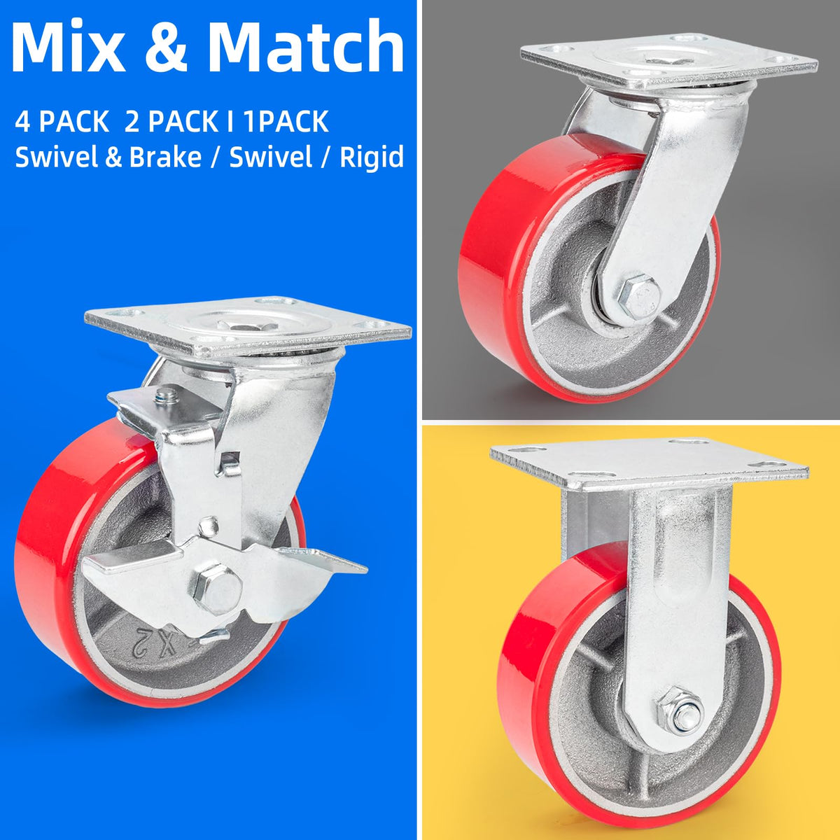 5 Inch Polyurethane Swivel Plate Casters Set of 4 with Brake T81934