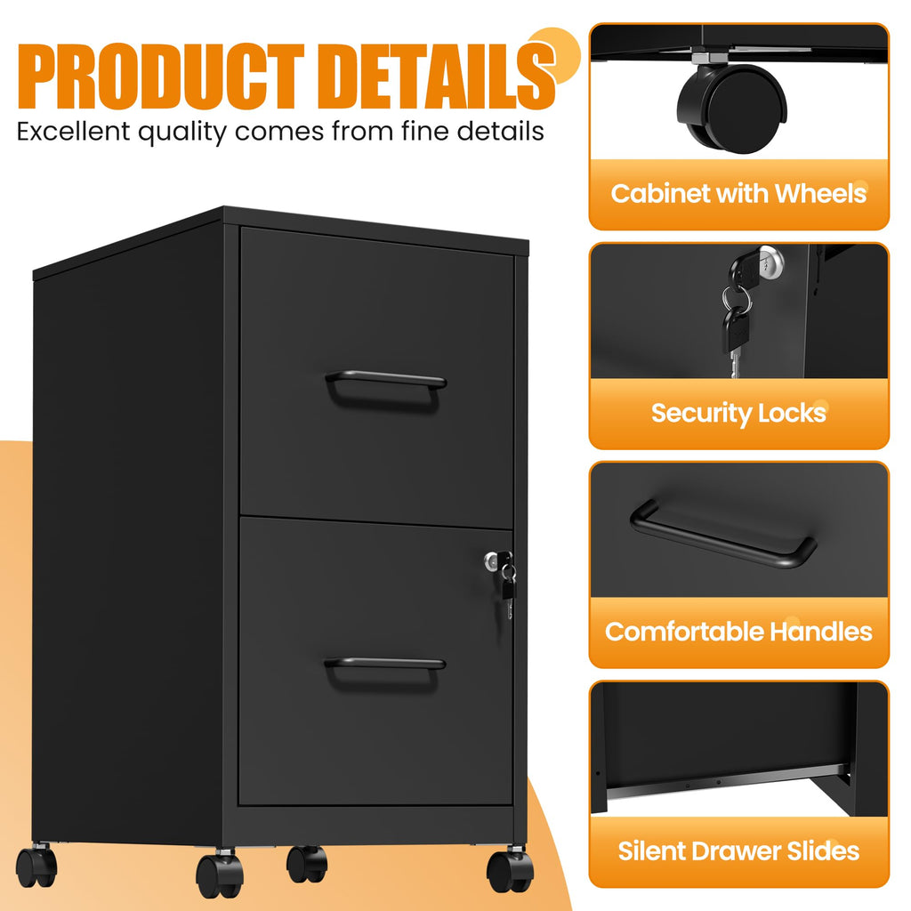 Black 2 Drawer Metal File Cabinet with Wheels and Lock C6947