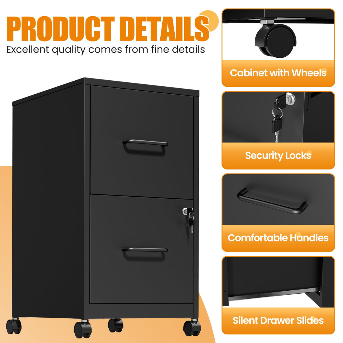 Black 2 Drawer Metal File Cabinet with Wheels and Lock C6947