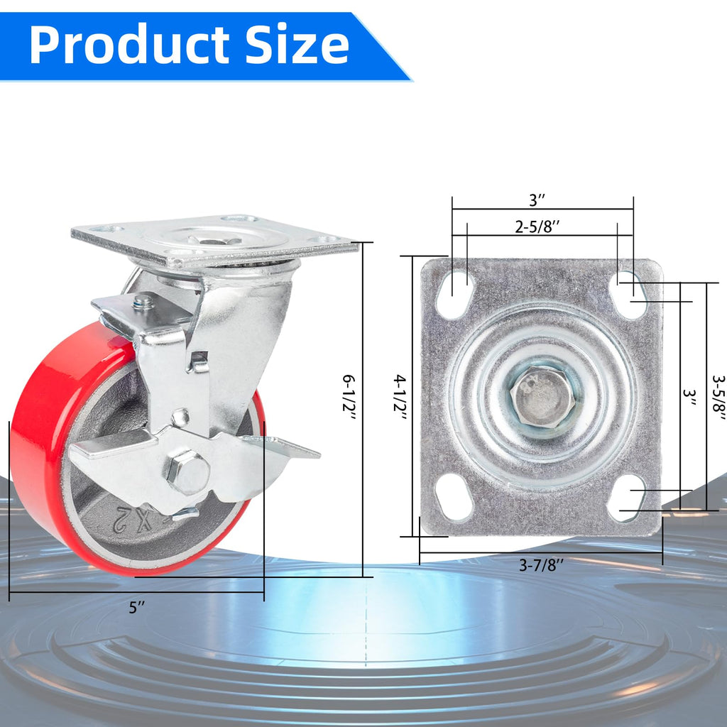 5 Inch Polyurethane Swivel Plate Casters Set of 4 with Brake T81934