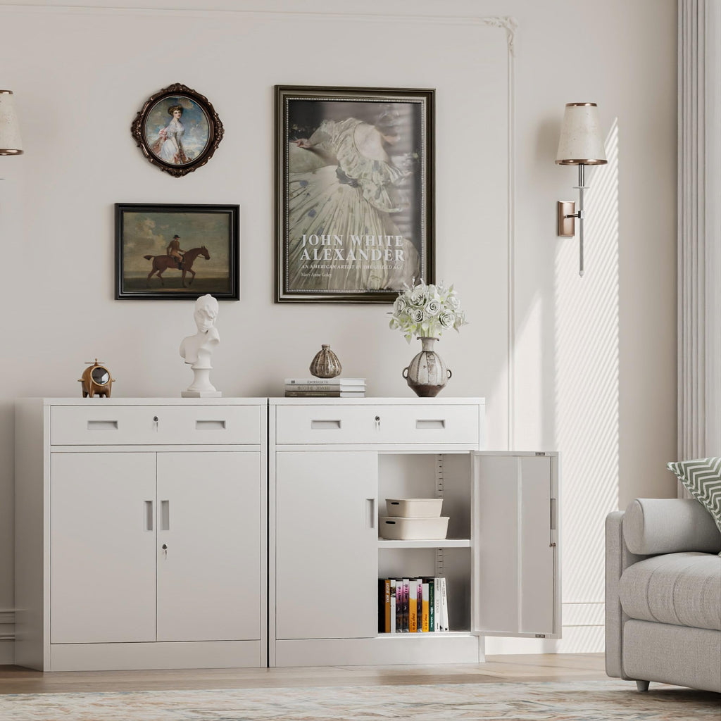 White Steel Lockable Storage Cabinet with Drawer and Adjustable Shelves Z163