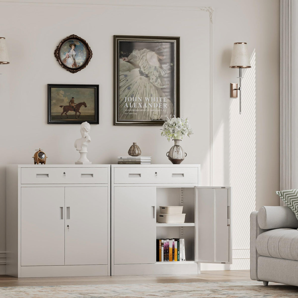 White Steel Lockable Storage Cabinet with Drawer and Adjustable Shelves Z163