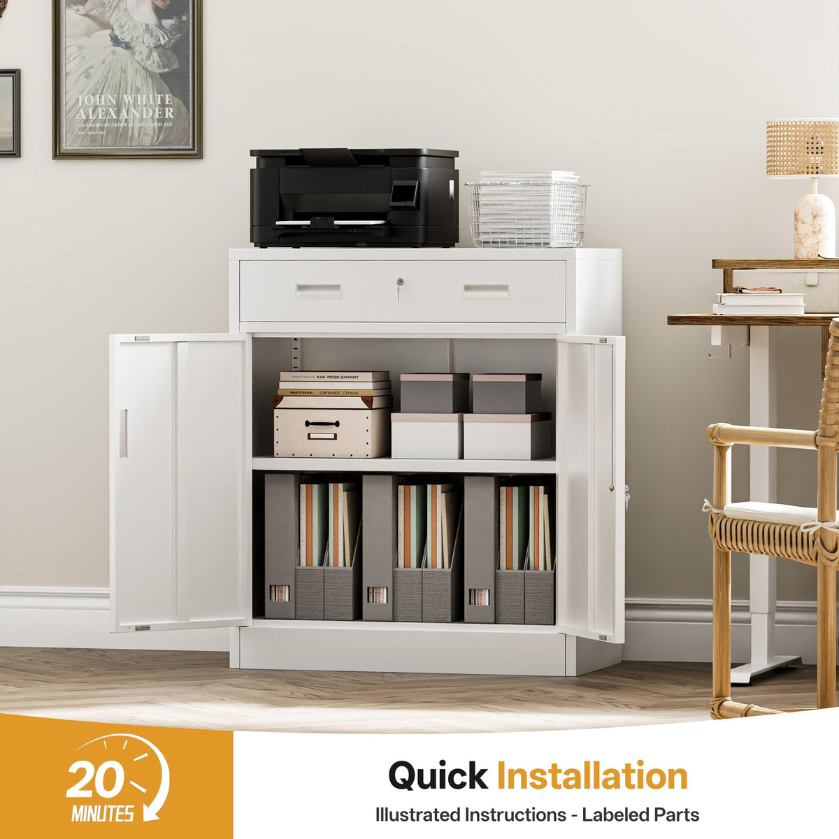 White Steel Lockable Storage Cabinet with Drawer and Adjustable Shelves Z163