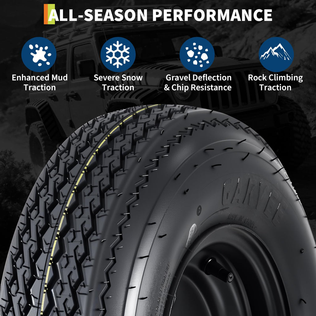 Set of 2 5.30-12 Trailer Tires with 12" Black Rims, 4 Lug on 4" Bolt Pattern, Load Range C 6PR B829