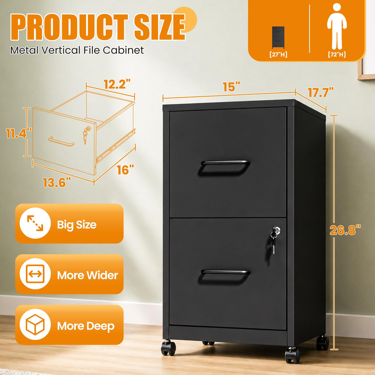 Black 2 Drawer Metal File Cabinet with Wheels and Lock C6947