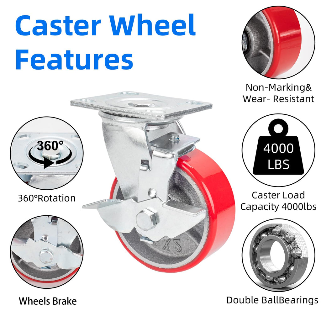 5 Inch Polyurethane Swivel Plate Casters Set of 4 with Brake T81934