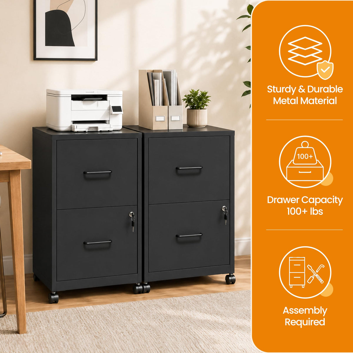Black 2 Drawer Metal File Cabinet with Wheels and Lock C6947