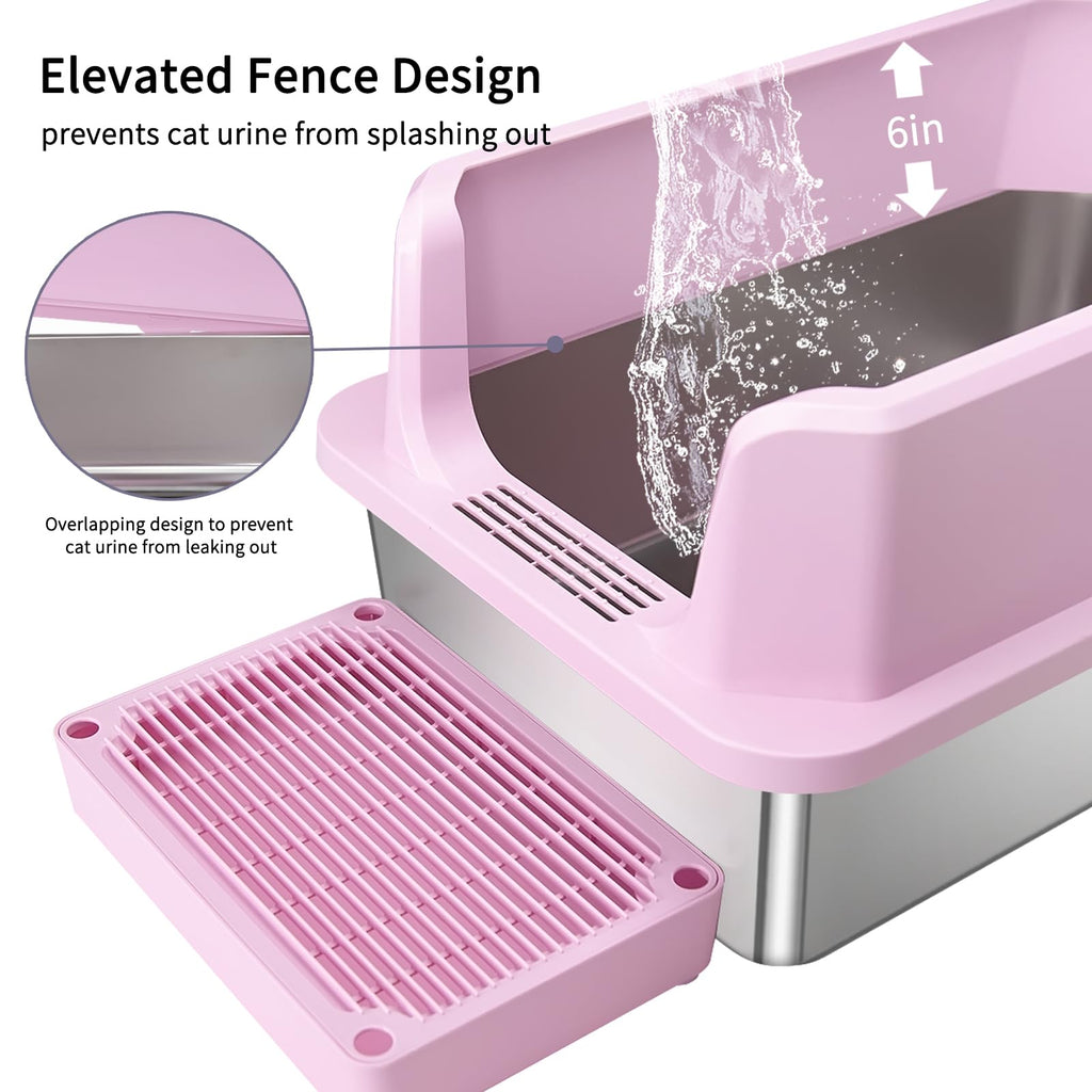 Open Cat Litter Box Stainless Steel High Walls with Scoop Q58363