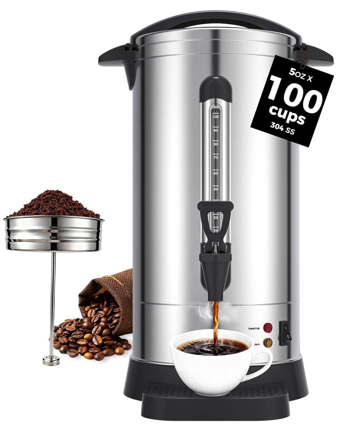 100-Cup Commercial Coffee Urn 15L Stainless Steel Percolator Y95993