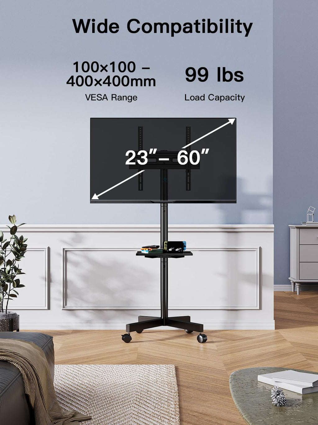 Rolling TV Stand on Wheels for 23-65 Inch TVs, Tilt Mobile TV Cart Holds up to 99 lbs with Adjustable Height Shelf E103