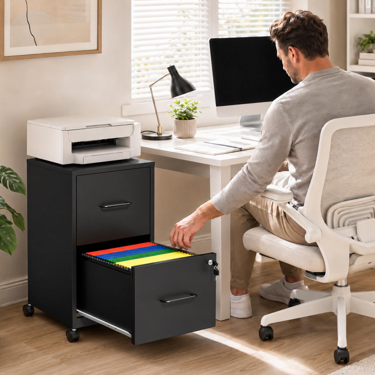 Black 2 Drawer Metal File Cabinet with Wheels and Lock C6947