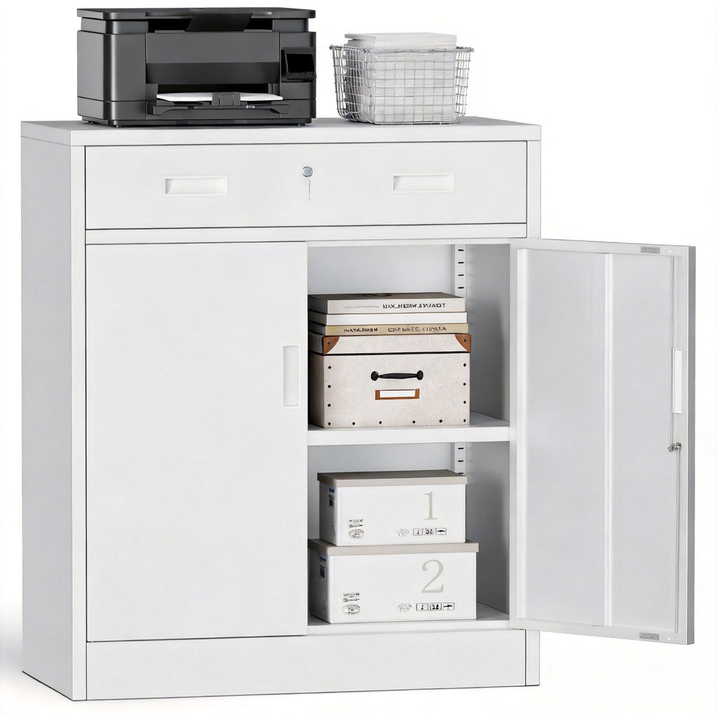 White Steel Lockable Storage Cabinet with Drawer and Adjustable Shelves Z163