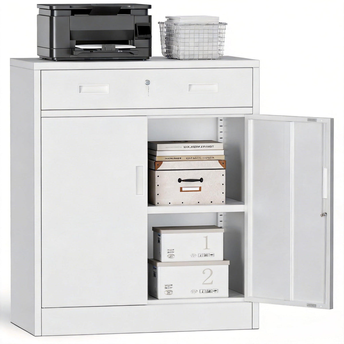 White Steel Lockable Storage Cabinet with Drawer and Adjustable Shelves Z163