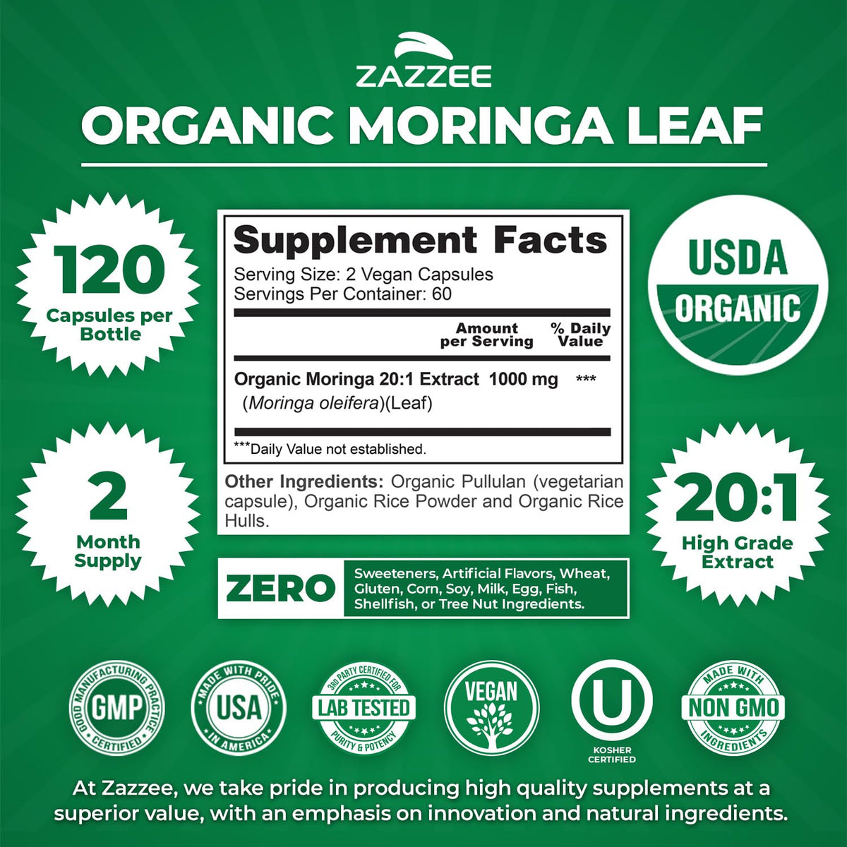 USDA Organic Moringa Leaf 20:1 Extract 120 Vegan Capsules R640