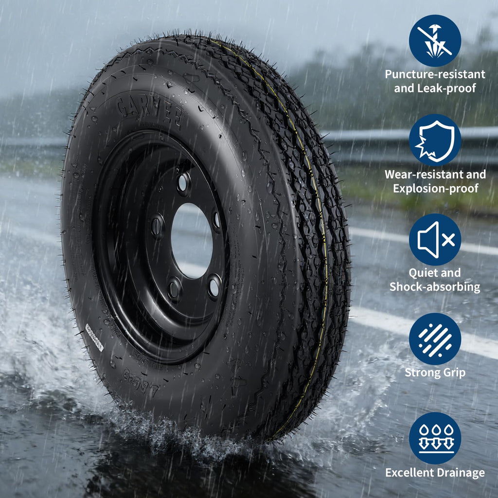 Set of 2 5.30-12 Trailer Tires with 12" Black Rims, 4 Lug on 4" Bolt Pattern, Load Range C 6PR B829