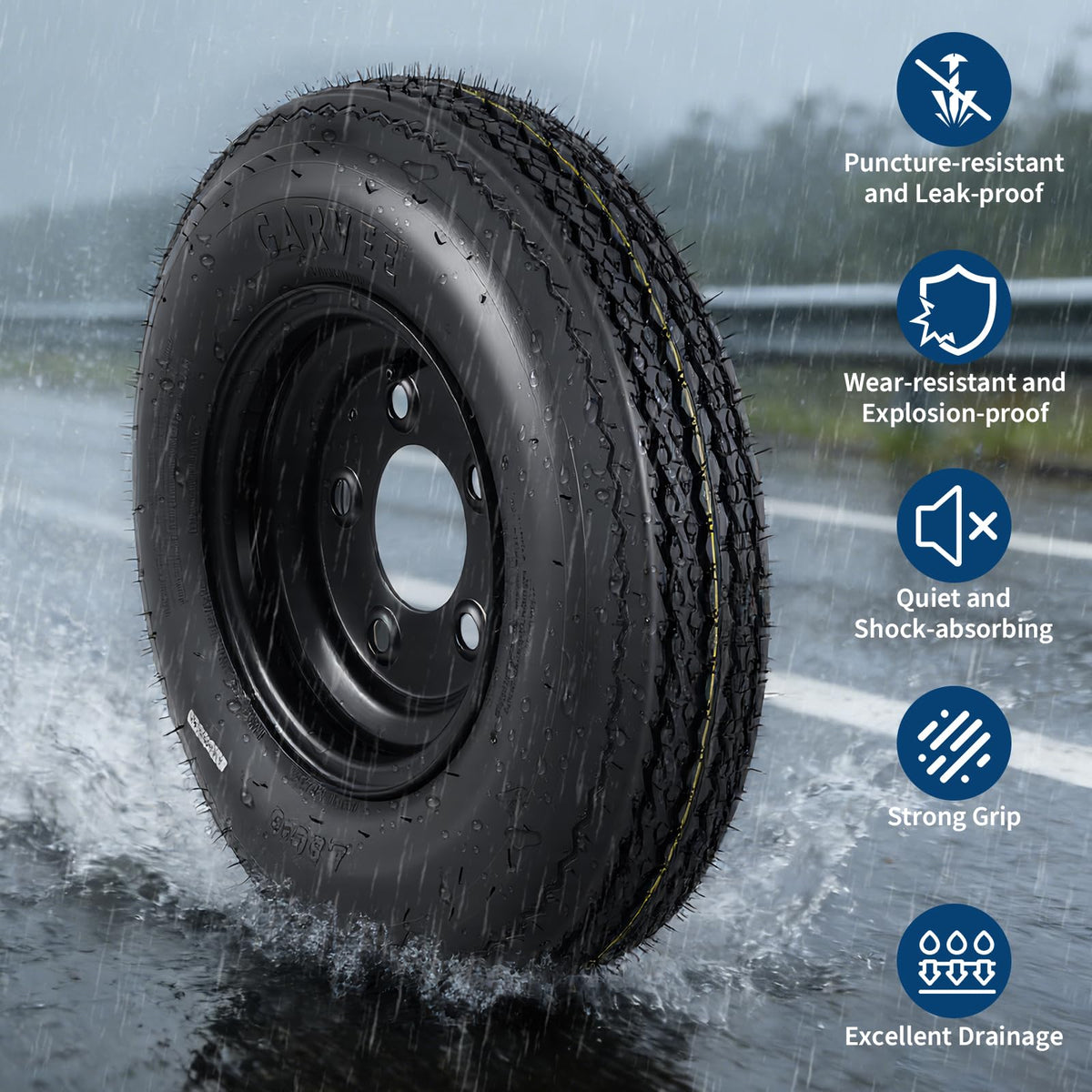 Set of 2 5.30-12 Trailer Tires with 12" Black Rims, 4 Lug on 4" Bolt Pattern, Load Range C 6PR B829