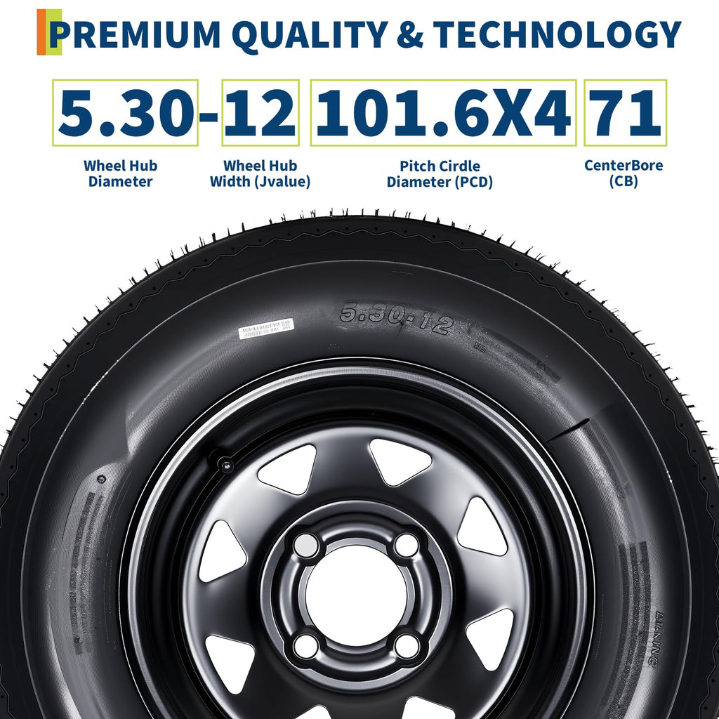 Set of 2 5.30-12 Trailer Tires with 12" Black Rims, 4 Lug on 4" Bolt Pattern, Load Range C 6PR B829