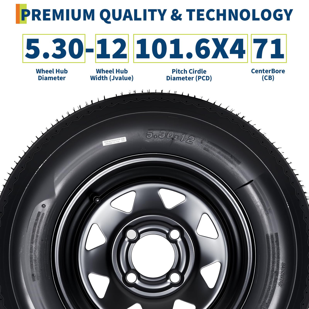 Set of 2 5.30-12 Trailer Tires with 12" Black Rims, 4 Lug on 4" Bolt Pattern, Load Range C 6PR B829