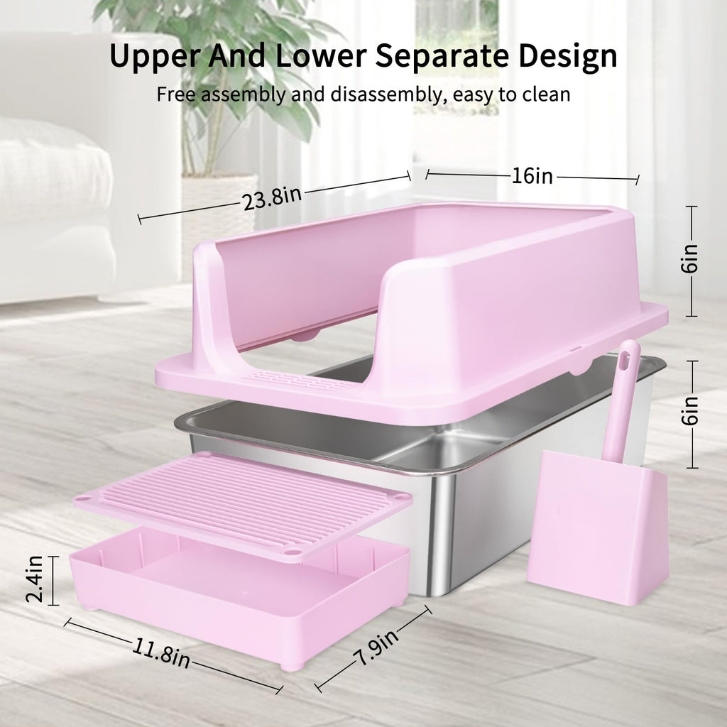 Open Cat Litter Box Stainless Steel High Walls with Scoop Q58363