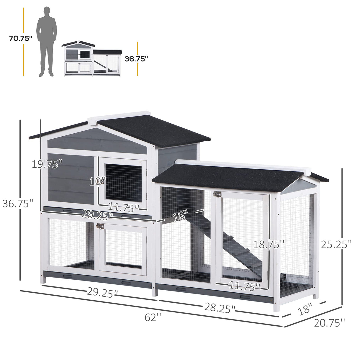 Gray 2-Tier Wooden Rabbit Hutch with Removable Tray U53757