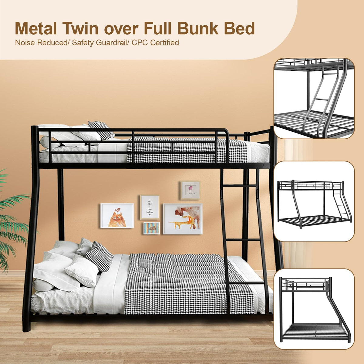 Twin Over Full Size Bunk Bed with Guardrail & Ladder W931668