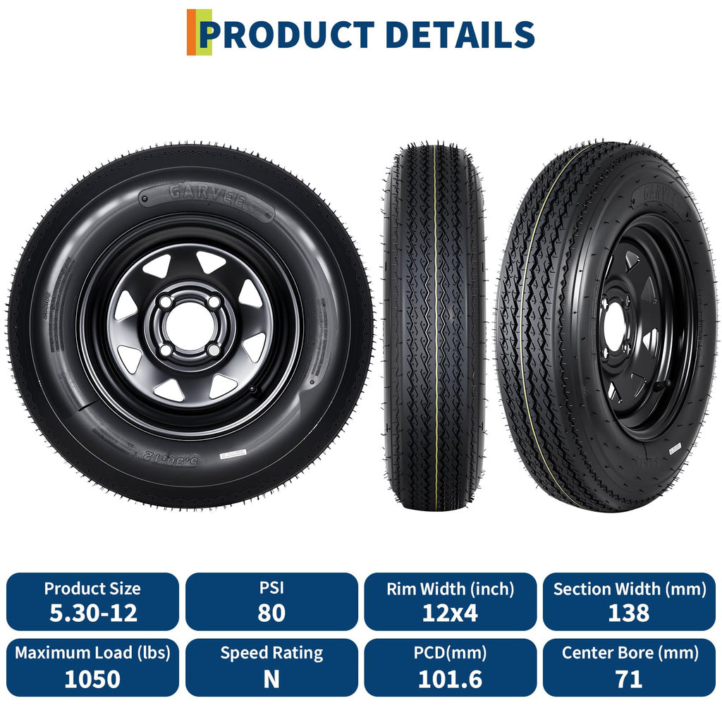 Set of 2 5.30-12 Trailer Tires with 12" Black Rims, 4 Lug on 4" Bolt Pattern, Load Range C 6PR B829