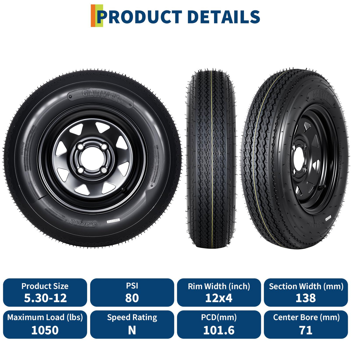 Set of 2 5.30-12 Trailer Tires with 12" Black Rims, 4 Lug on 4" Bolt Pattern, Load Range C 6PR B829