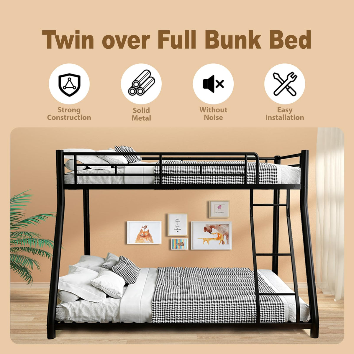 Twin Over Full Size Bunk Bed with Guardrail & Ladder W931668