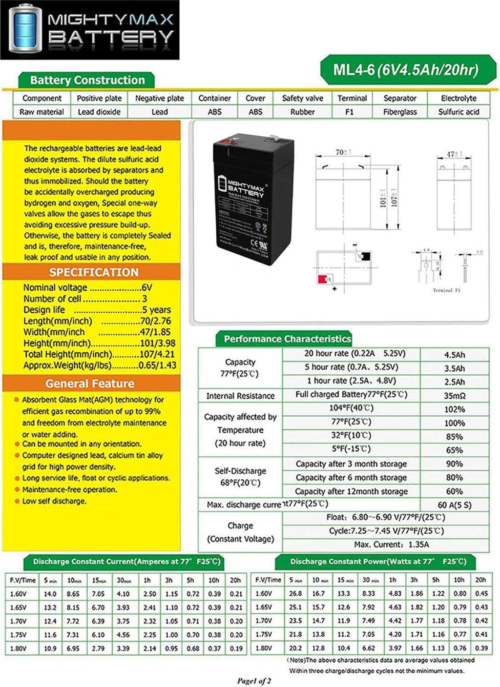 6V 4.5AH SLA Replacement Battery 2 Pack G56510